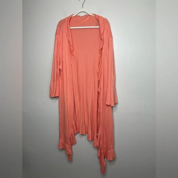 Garnet Hill Peach Ruffle Long Line Open Cardigan XL Cashmere Cotton Lounge - Picture 1 of 10